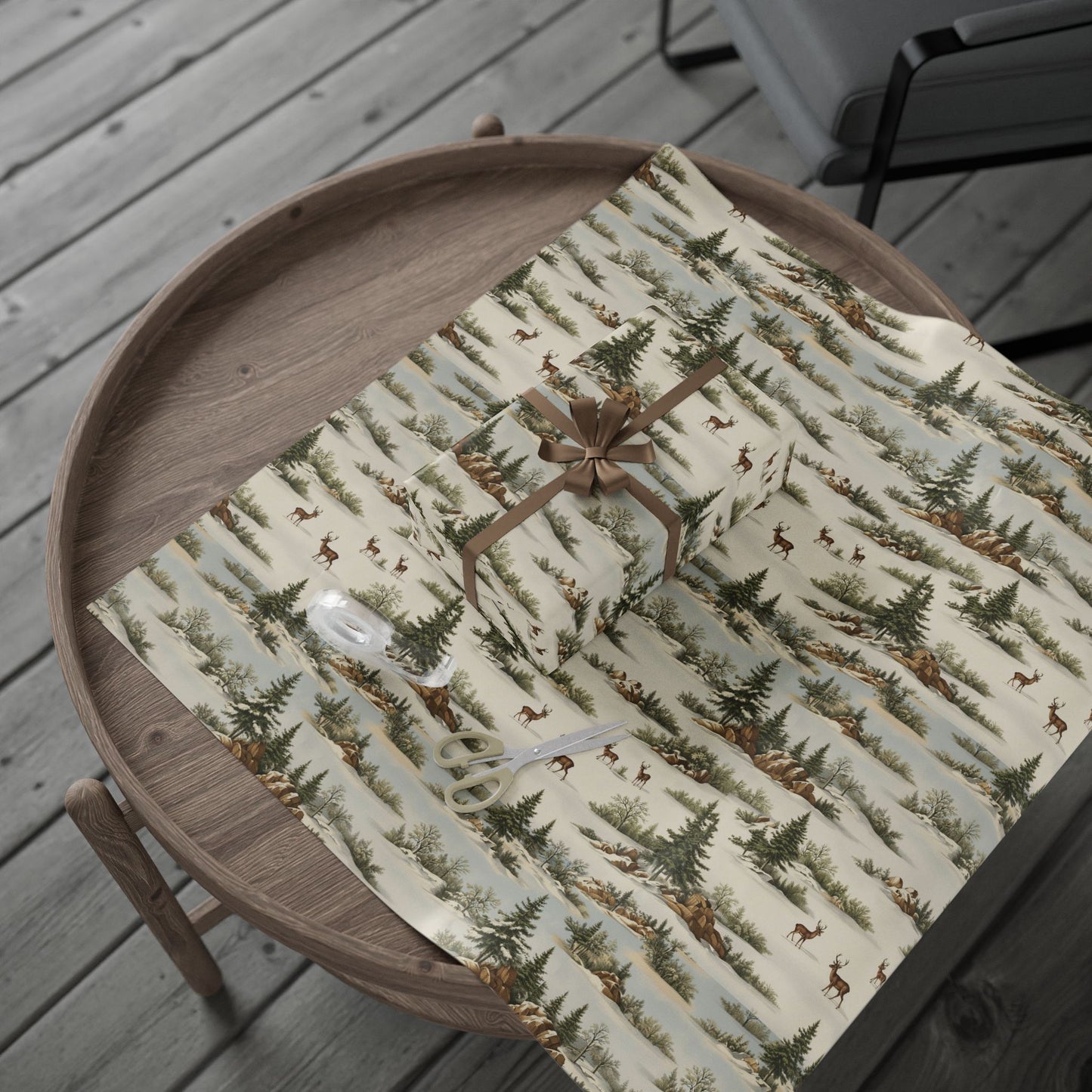 Rustic Deer & Pine Wrapping Paper Roll — Woodland Christmas Gift Wrap