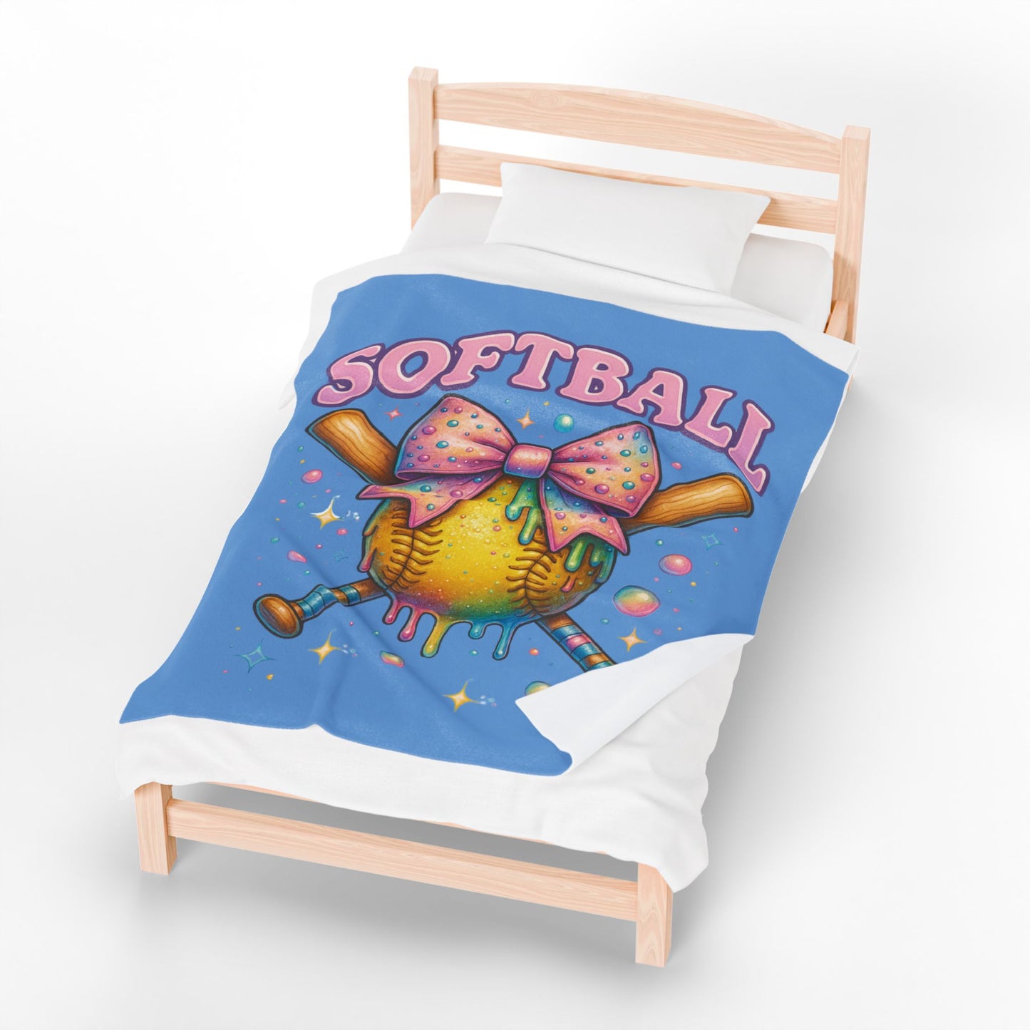 Softball Velveteen Plush Blanket — Cute Drippy Softball with Bow Throw