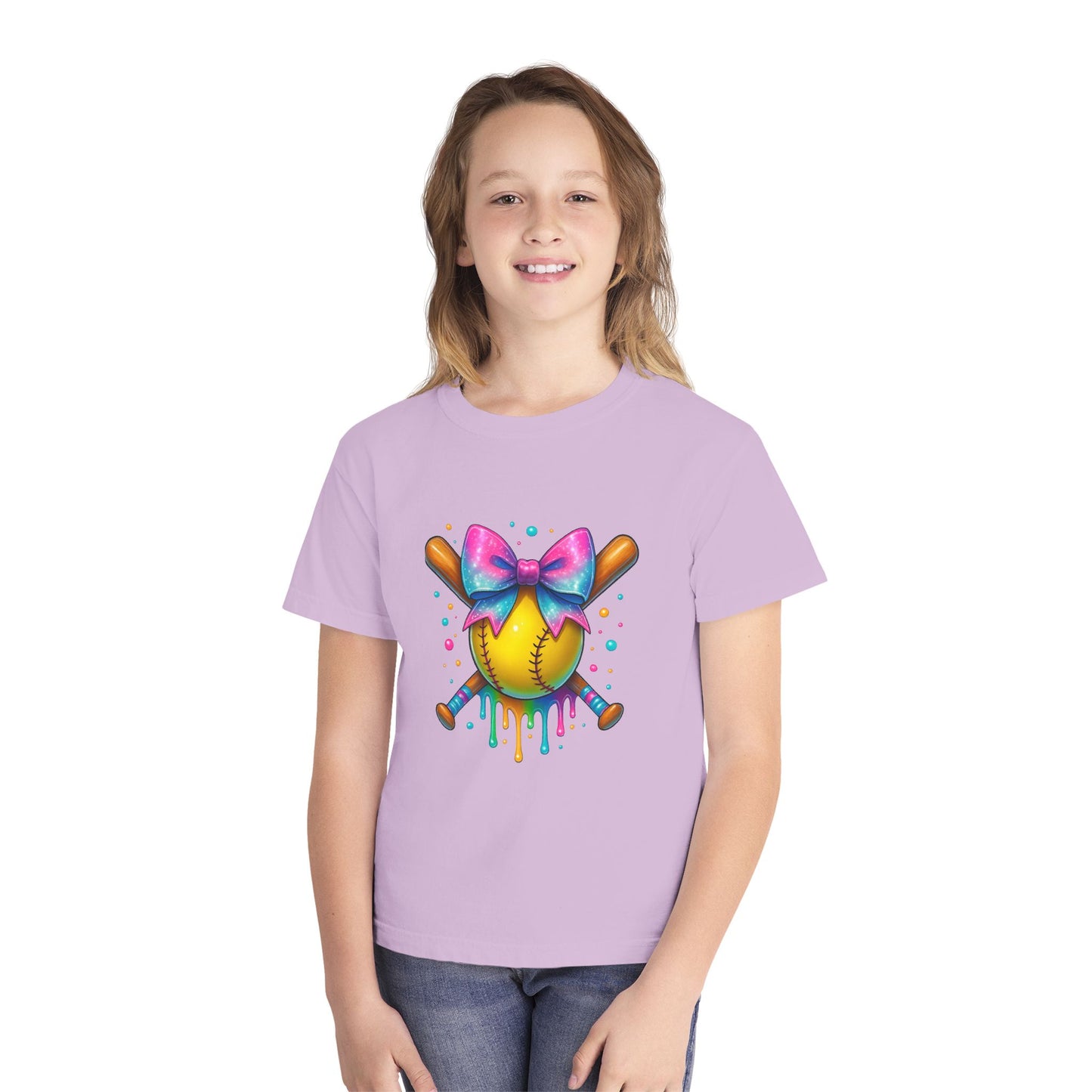 Youth T-Shirt — Colorful Softball with Pink Bow Graphic