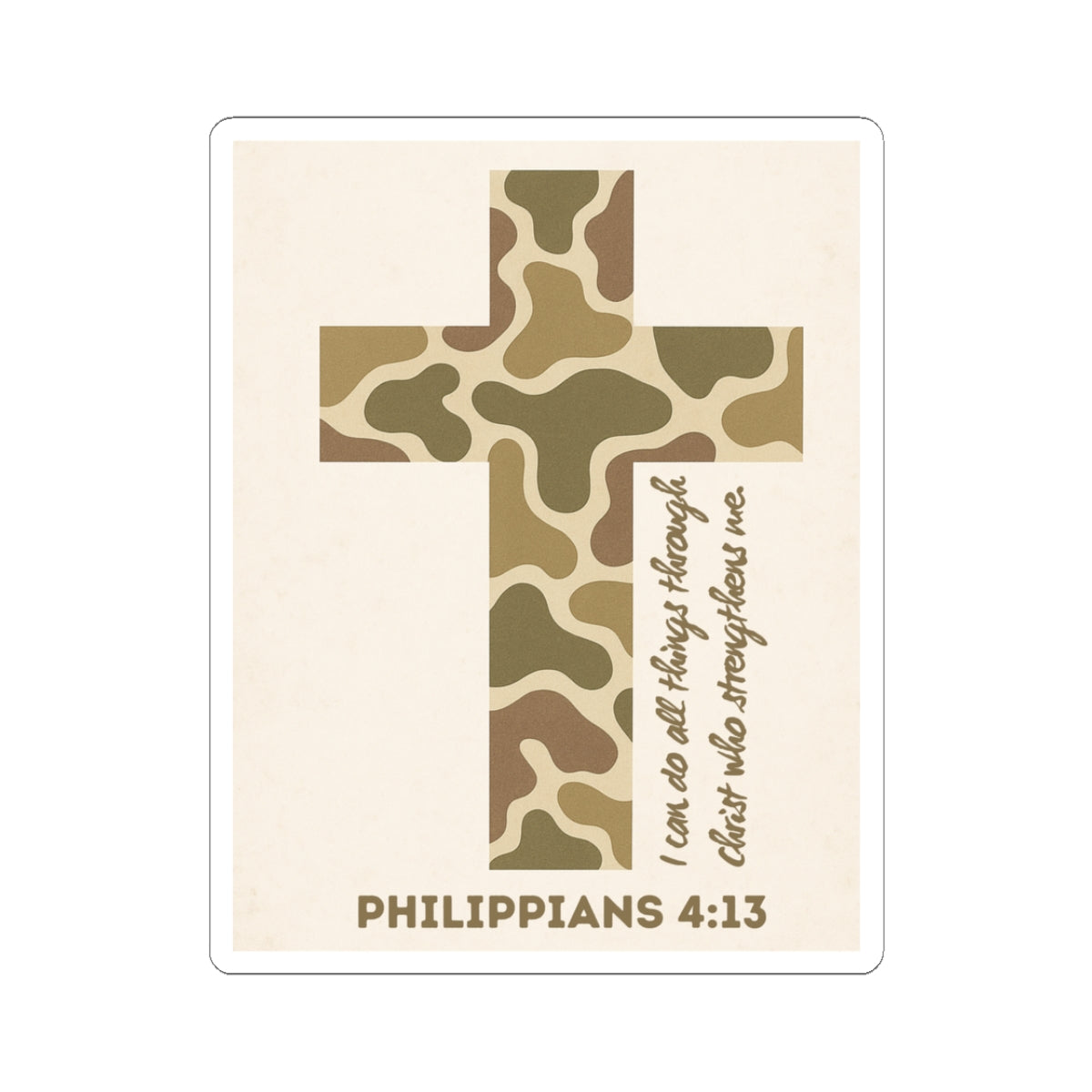 Philippians 4:13 Camo Cross Sticker — 'I can do all things...' Christian Vinyl Sticker
