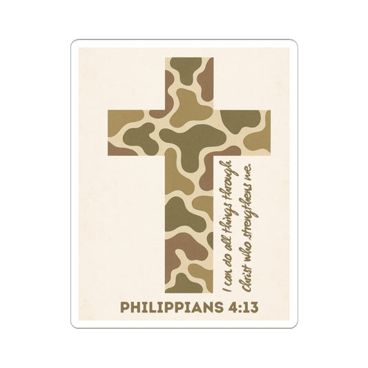 Philippians 4:13 Camo Cross Sticker — 'I can do all things...' Christian Vinyl Sticker