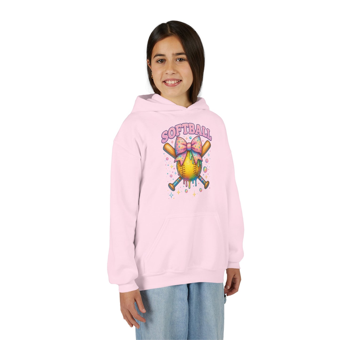 Youth Softball Hoodie Softball 101 Cute Pastel Softball Graphic with Bow