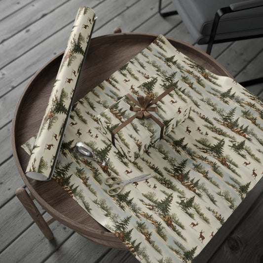 Rustic Deer & Pine Wrapping Paper Roll — Woodland Christmas Gift Wrap