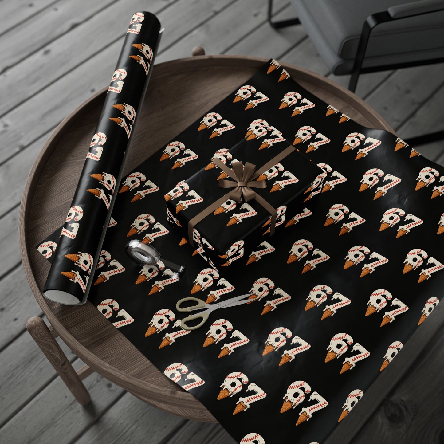 Festive Red/Black Wrapping Paper Roll — Ice Cream Cone '67' Pattern for Birthdays & Holiday Gifts