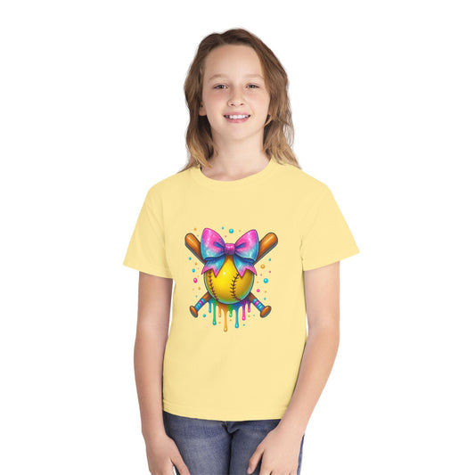 Youth T-Shirt — Colorful Softball with Pink Bow Graphic