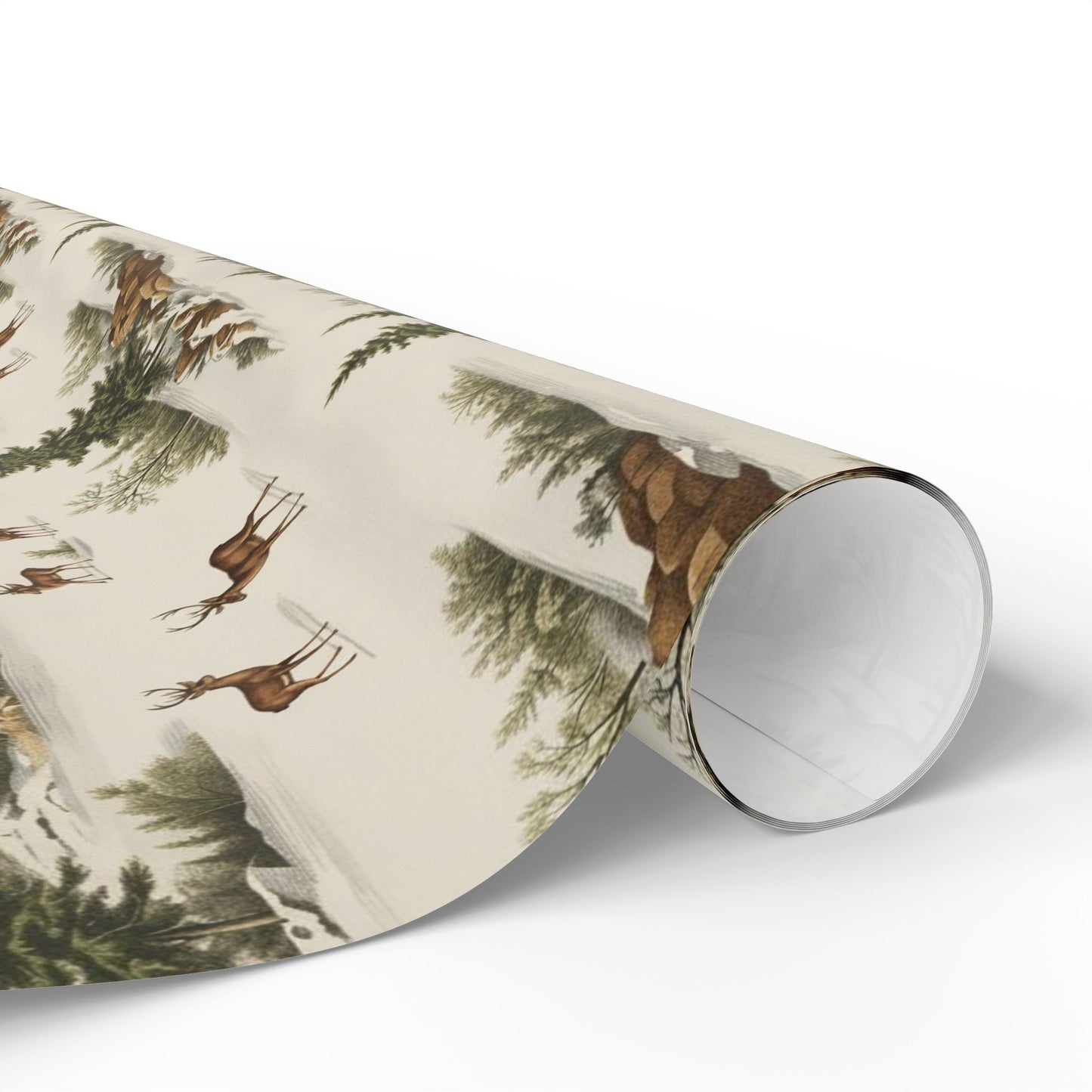Rustic Deer & Pine Wrapping Paper Roll — Woodland Christmas Gift Wrap