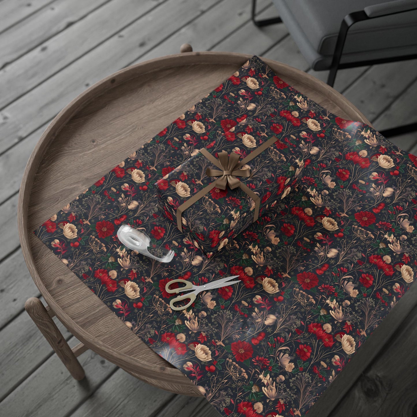 Holiday Poinsettia Wrapping Paper Roll — Dark Floral Christmas Gift Wrap