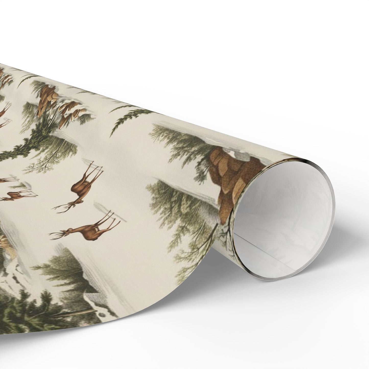 Rustic Deer & Pine Wrapping Paper Roll — Woodland Christmas Gift Wrap
