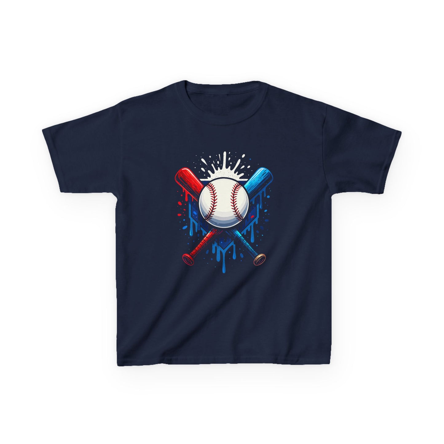 Baseball Crossed Bats Tee | Kids Sports Shirt, Red Blue Drip, Patriotic American Flag Colors