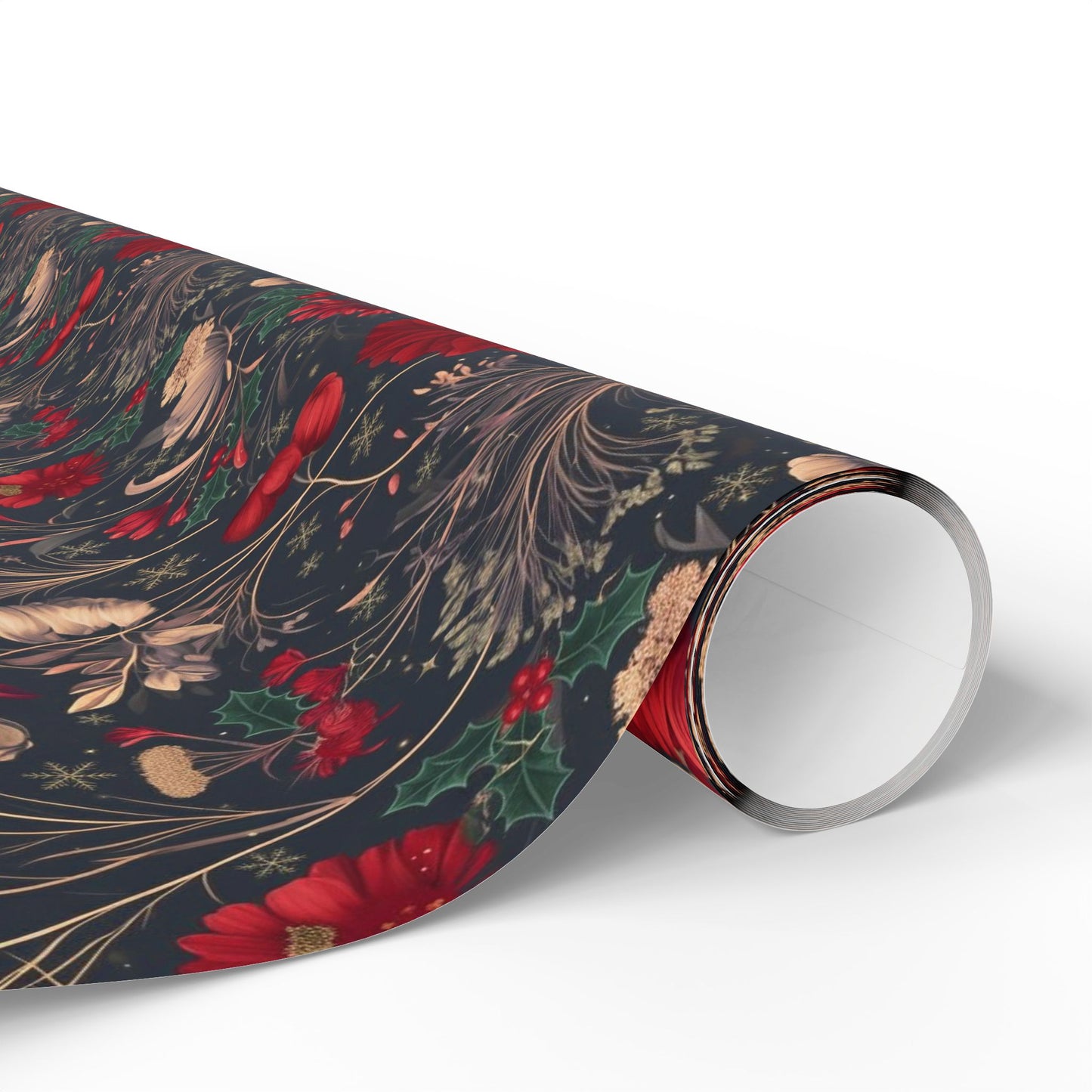 Holiday Poinsettia Wrapping Paper Roll — Dark Floral Christmas Gift Wrap