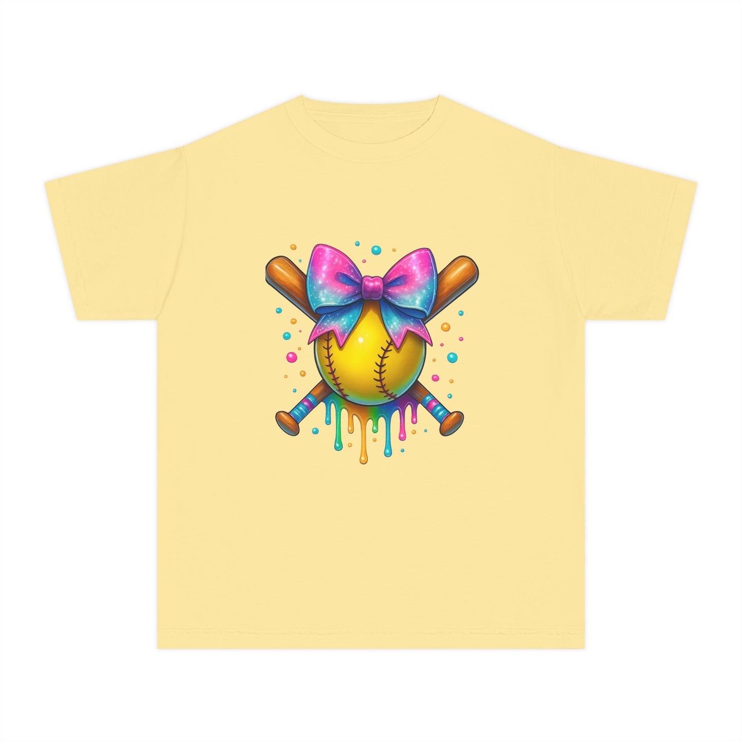 Youth T-Shirt — Colorful Softball with Pink Bow Graphic