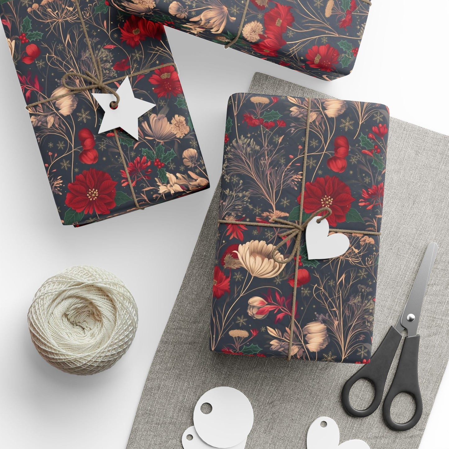 Holiday Poinsettia Wrapping Paper Roll — Dark Floral Christmas Gift Wrap