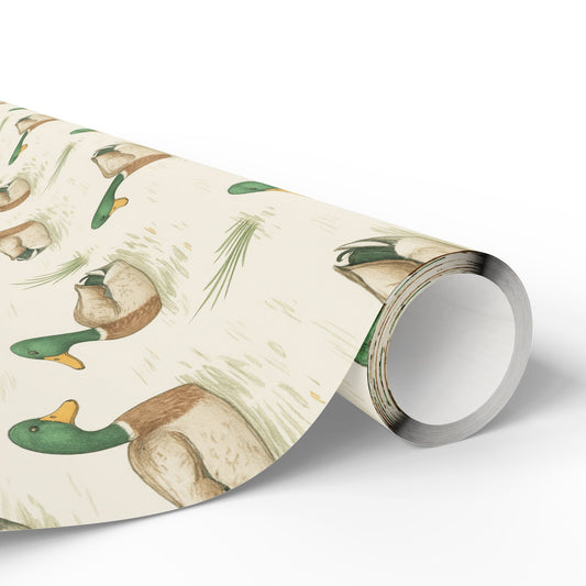 Duck Pattern Wrapping Paper Roll — Vintage Watercolor Mallard Gift Wrap