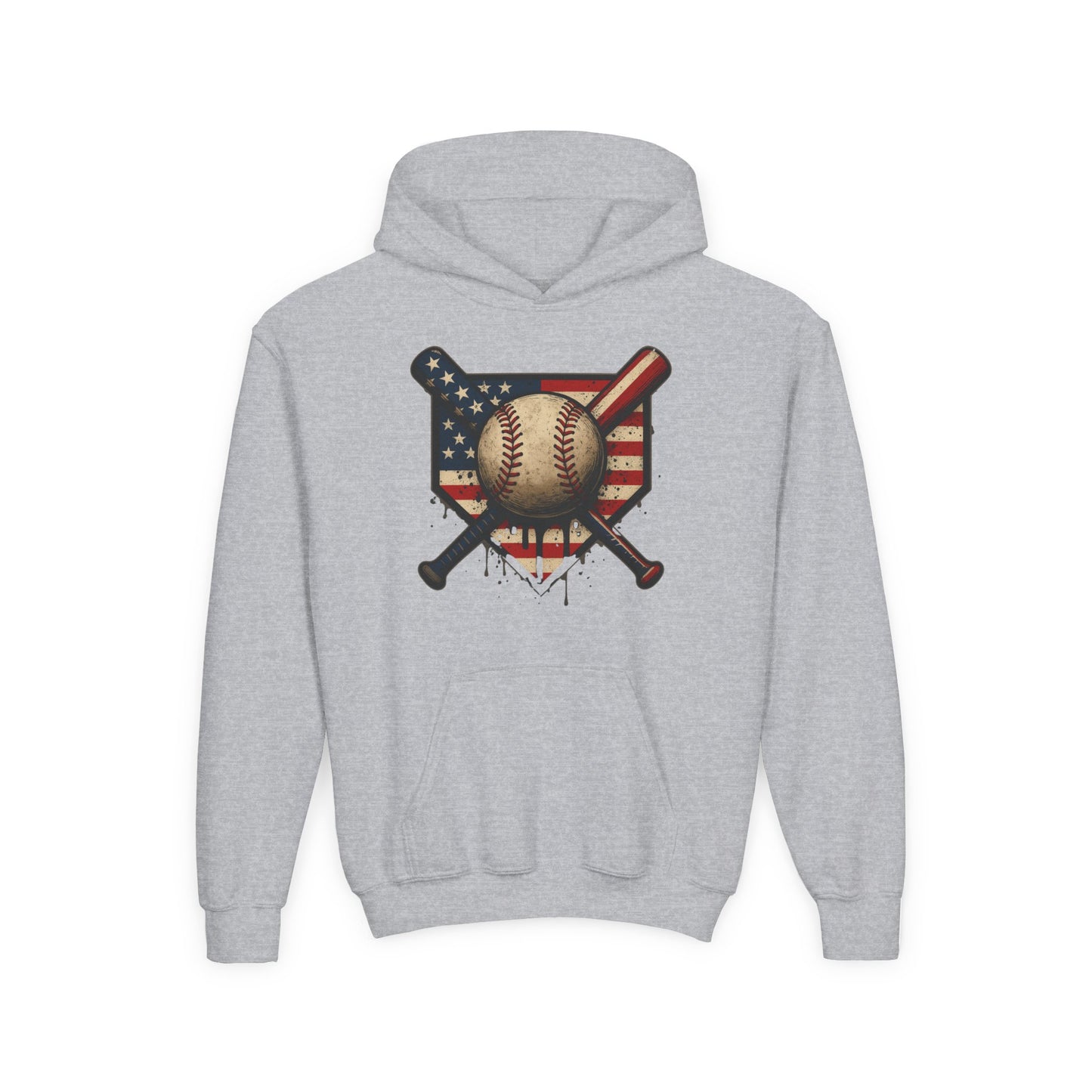 American Flag Baseball Drip with Bats Hoodie | Youth Sports Patriotic Pullover