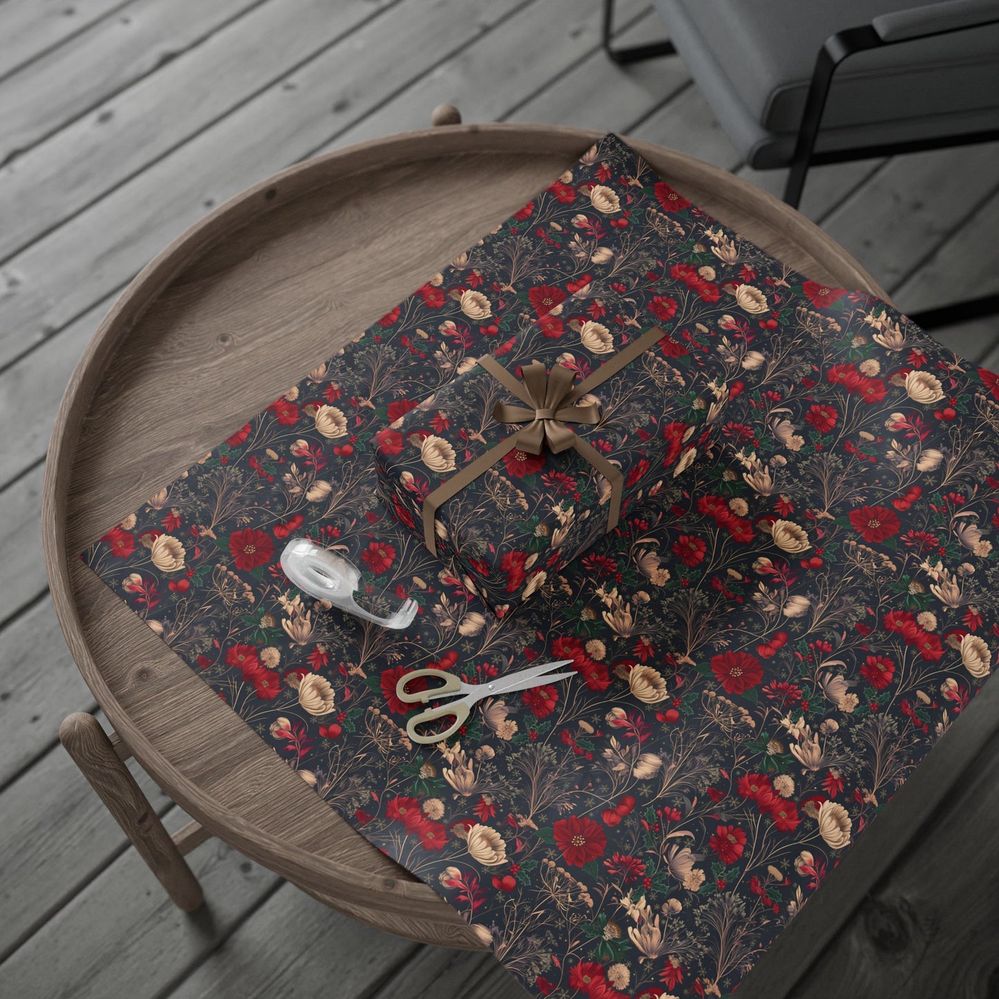 Holiday Poinsettia Wrapping Paper Roll — Dark Floral Christmas Gift Wrap