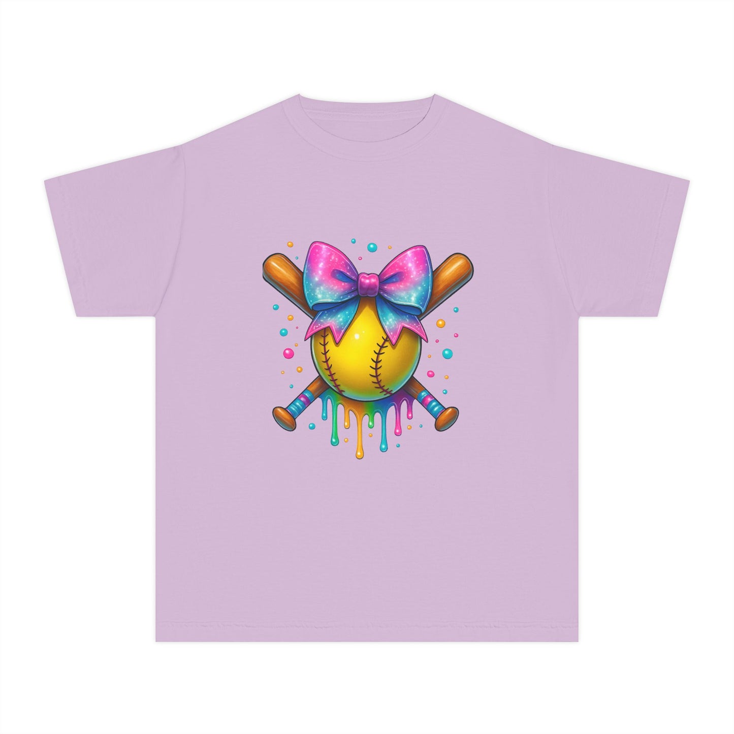 Youth T-Shirt — Colorful Softball with Pink Bow Graphic