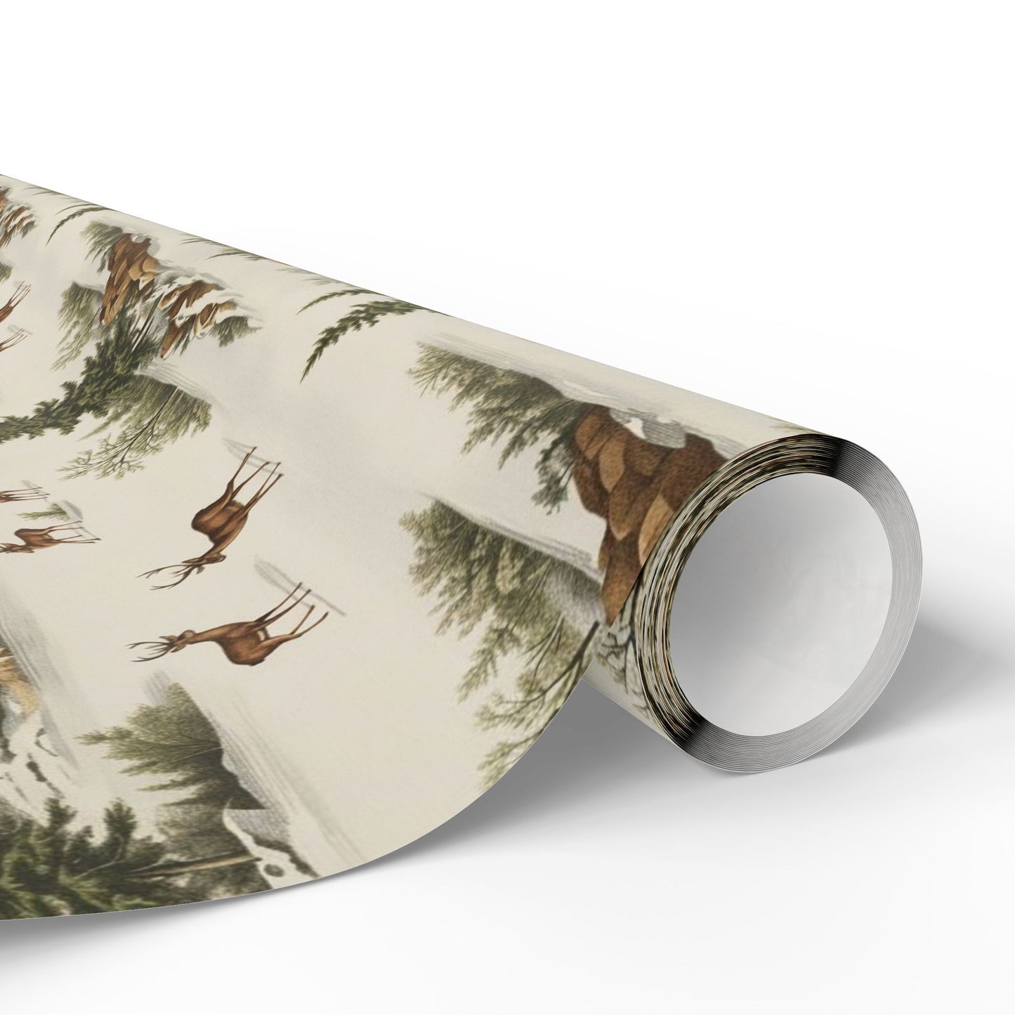 Rustic Deer & Pine Wrapping Paper Roll — Woodland Christmas Gift Wrap