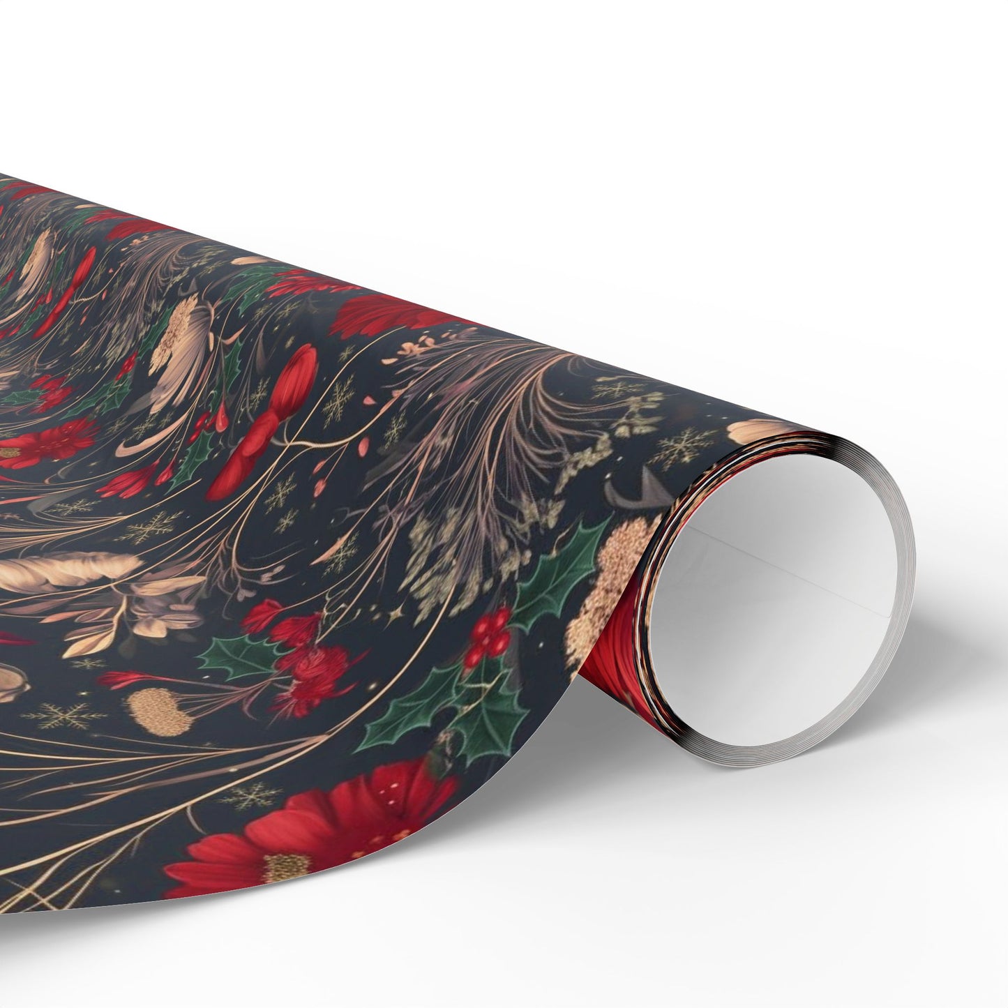 Holiday Poinsettia Wrapping Paper Roll — Dark Floral Christmas Gift Wrap