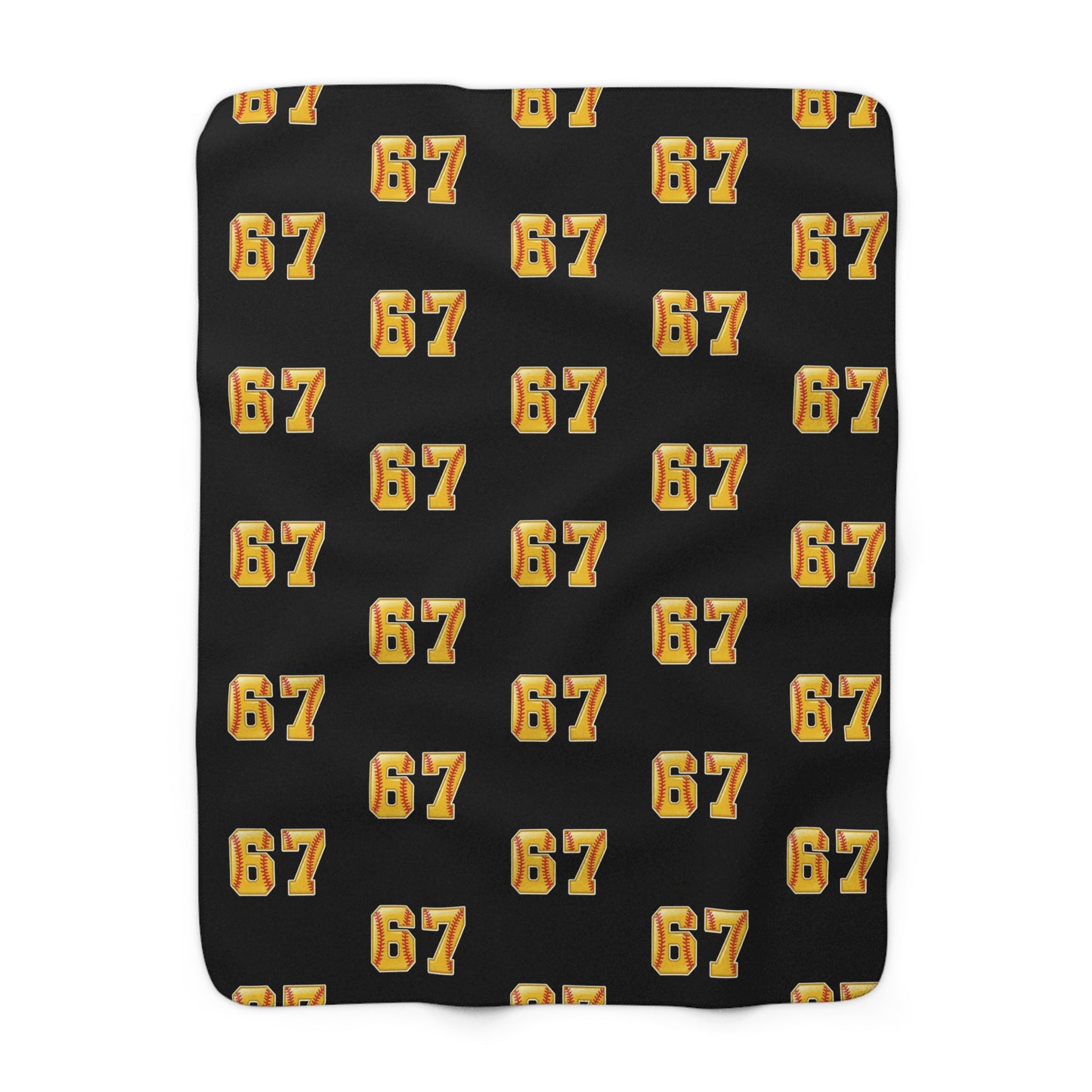Number 67 Softball Sherpa Blanket – Cozy Black Fleece with Gold '67' Pattern
