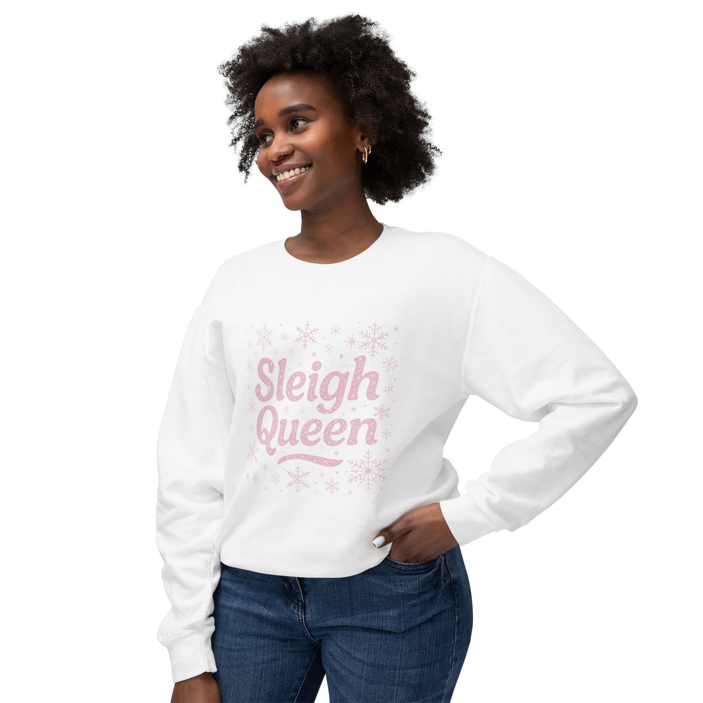 Sleigh Queen Sweatshirt | Pink Script Snowflake Holiday Crewneck