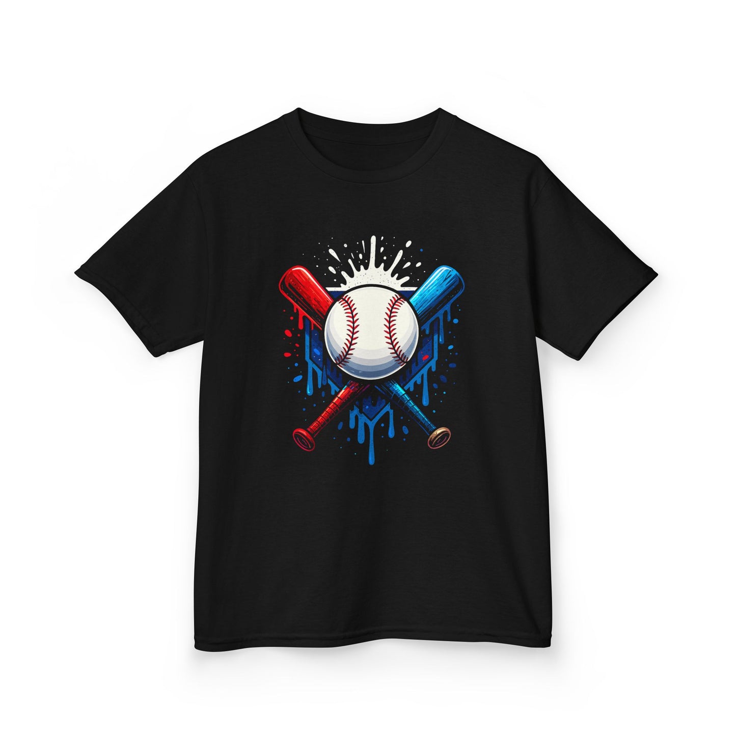 Baseball Crossed Bats Tee | Kids Sports Shirt, Red Blue Drip, Patriotic American Flag Colors