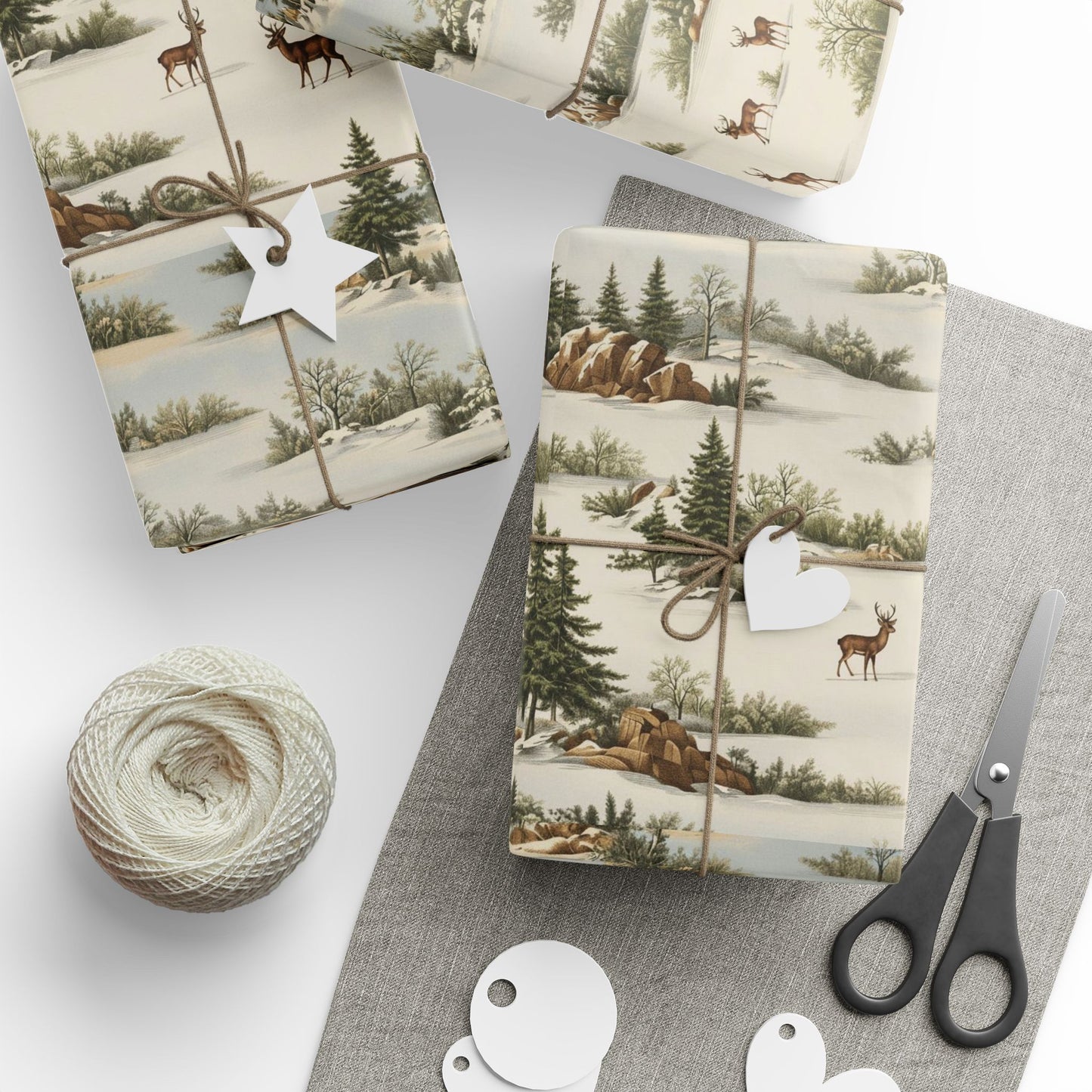 Rustic Deer & Pine Wrapping Paper Roll — Woodland Christmas Gift Wrap