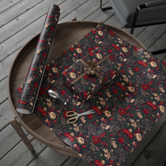 Holiday Poinsettia Wrapping Paper Roll — Dark Floral Christmas Gift Wrap