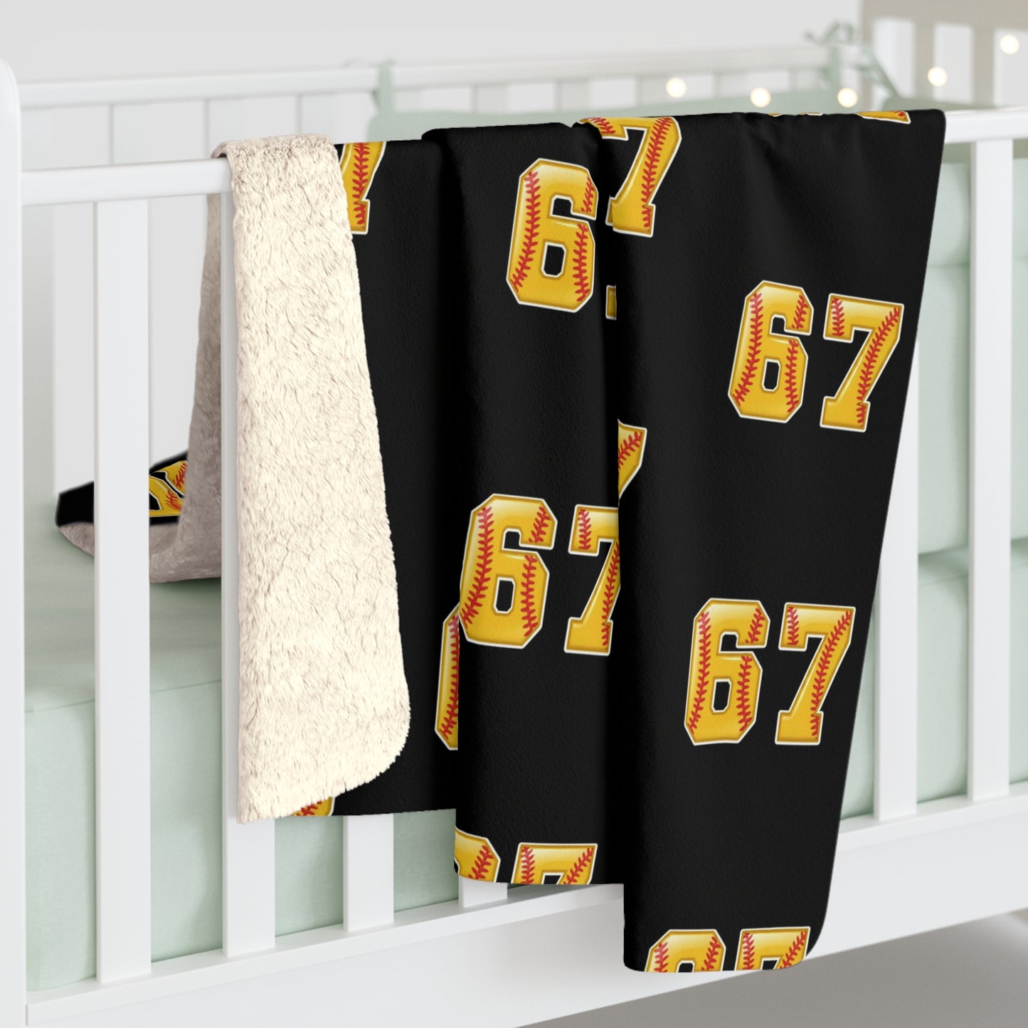 Number 67 Softball Sherpa Blanket – Cozy Black Fleece with Gold '67' Pattern