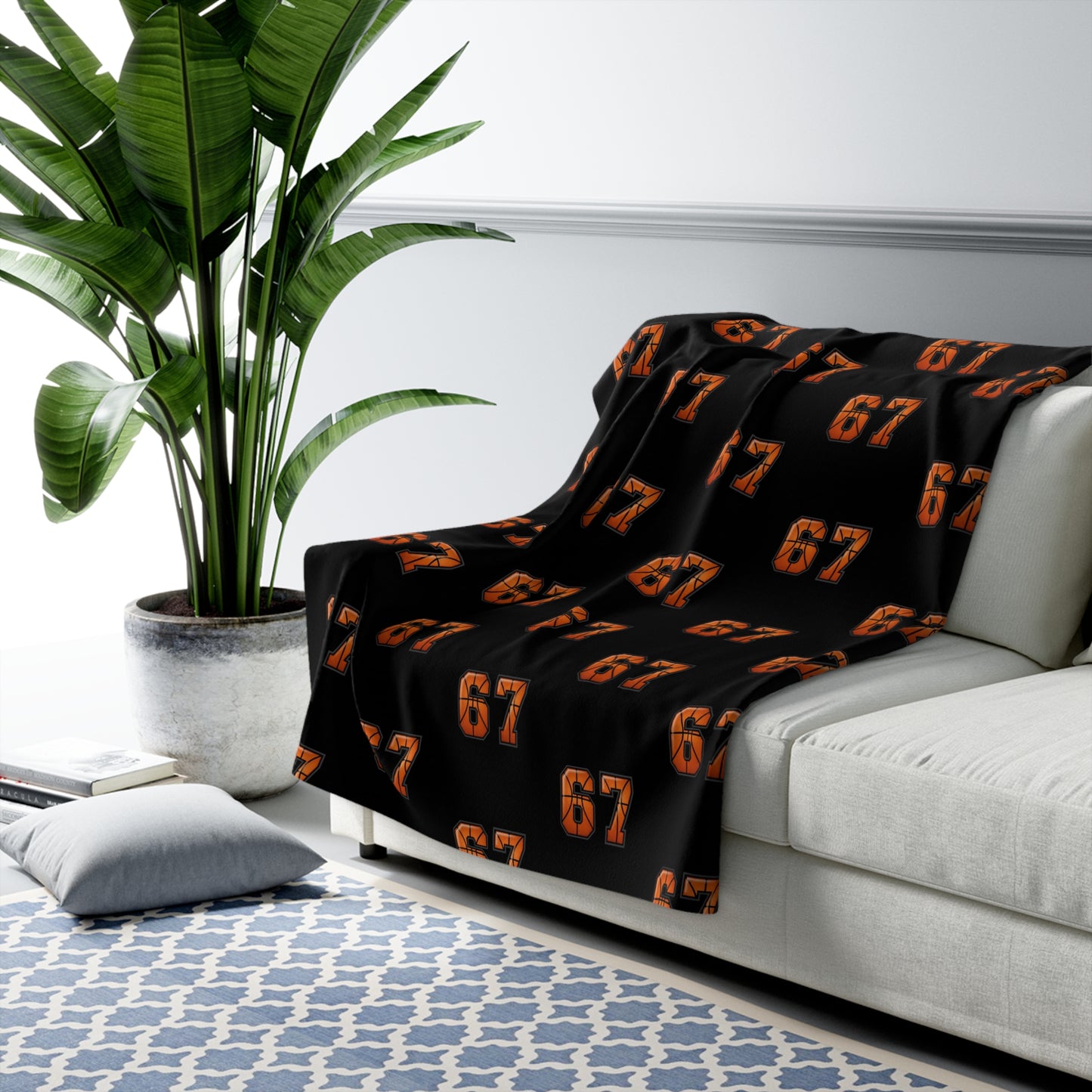 Sherpa Blanket —Basketball Black Orange '67' Patterned Cozy Throw
