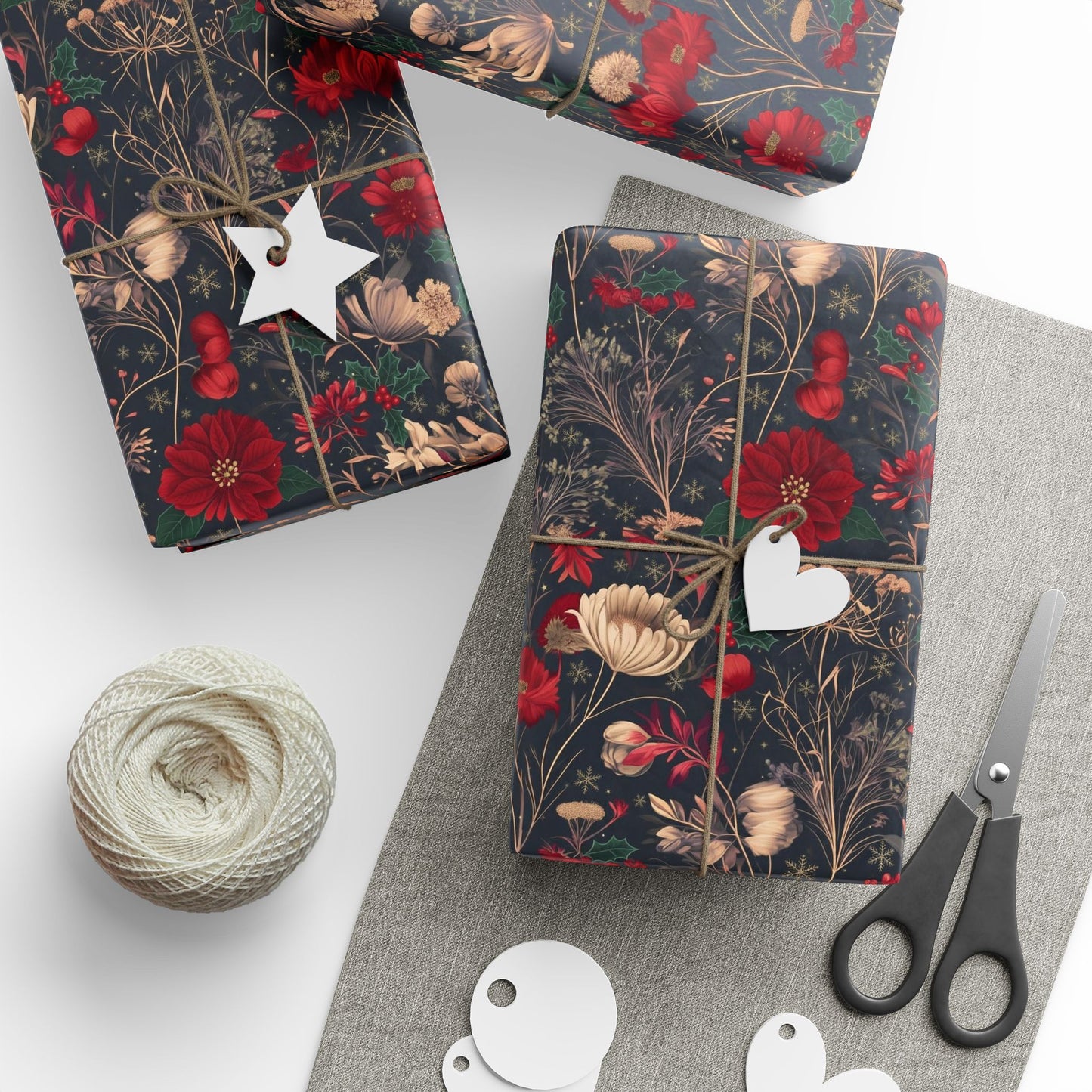 Holiday Poinsettia Wrapping Paper Roll — Dark Floral Christmas Gift Wrap