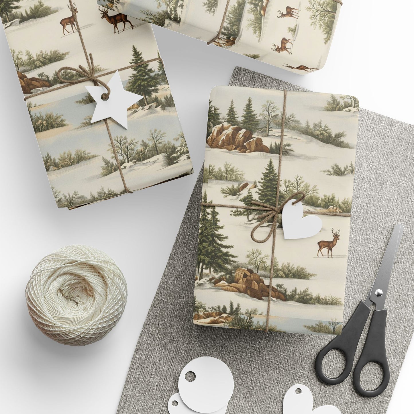 Rustic Deer & Pine Wrapping Paper Roll — Woodland Christmas Gift Wrap