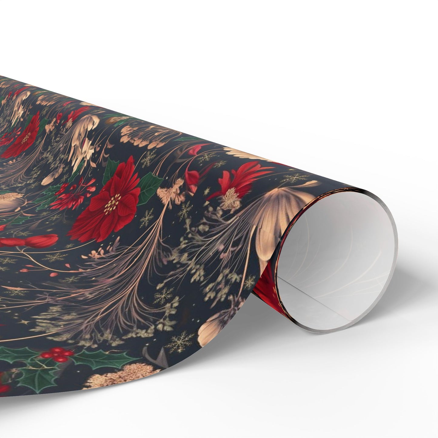 Holiday Poinsettia Wrapping Paper Roll — Dark Floral Christmas Gift Wrap