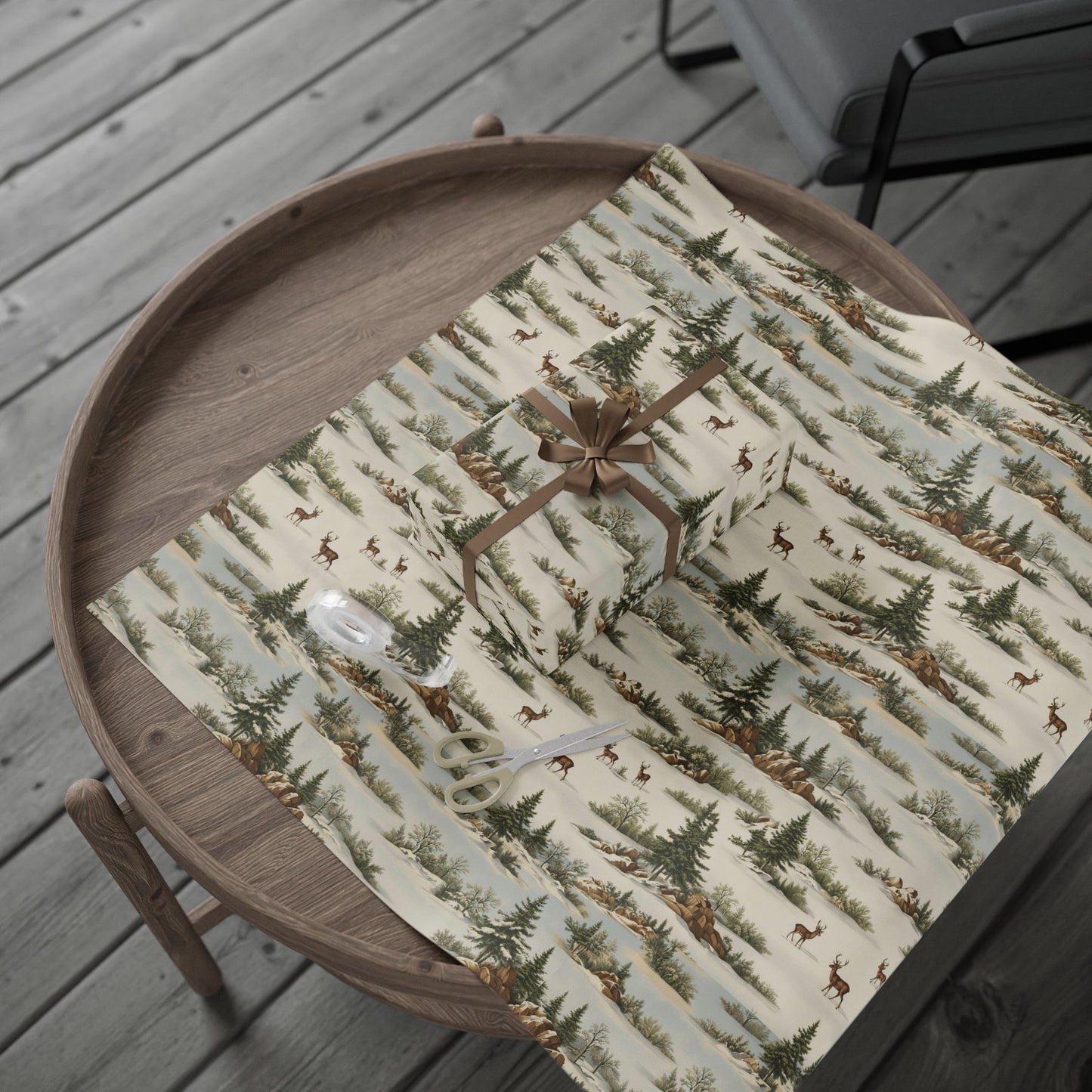 Rustic Deer & Pine Wrapping Paper Roll — Woodland Christmas Gift Wrap
