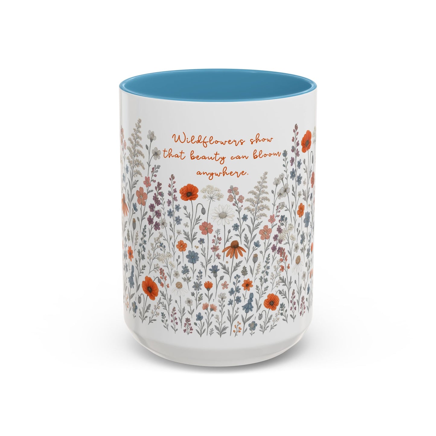 Floral Meadow Accent Coffee Mug — "Wildflowers show beauty can bloom anywhere" (Pink Interior)