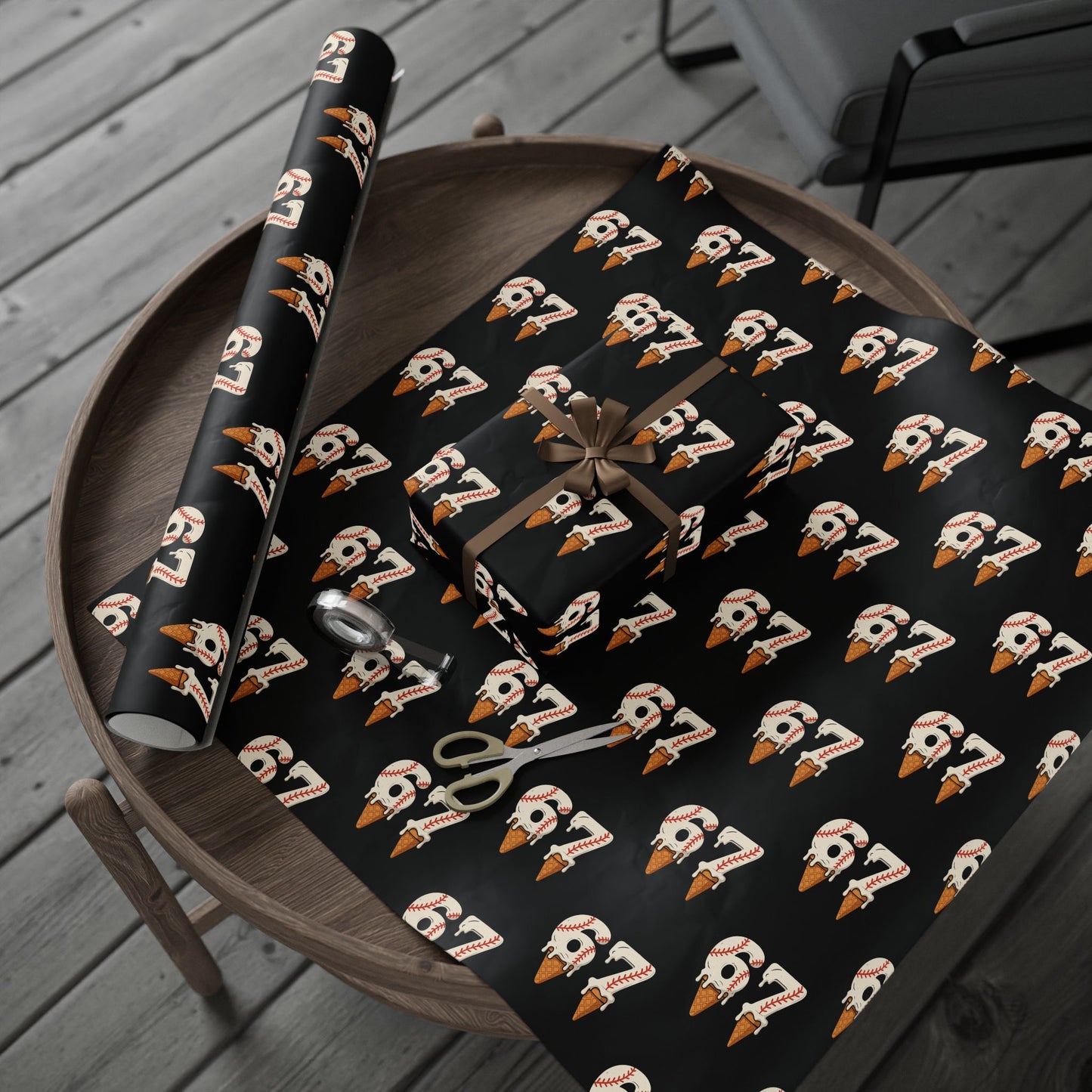 Festive Red/Black Wrapping Paper Roll — Ice Cream Cone '67' Pattern for Birthdays & Holiday Gifts