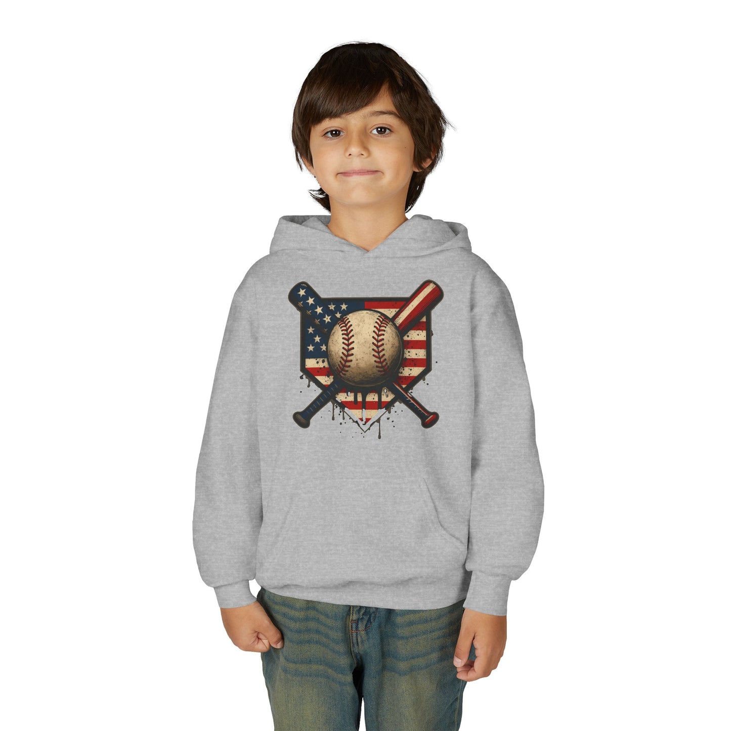 American Flag Baseball Drip with Bats Hoodie | Youth Sports Patriotic Pullover