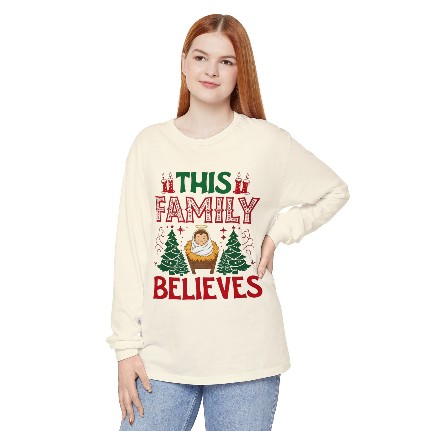 This Family Believes long sleeve shirt | Christmas nativity baby Jesus design