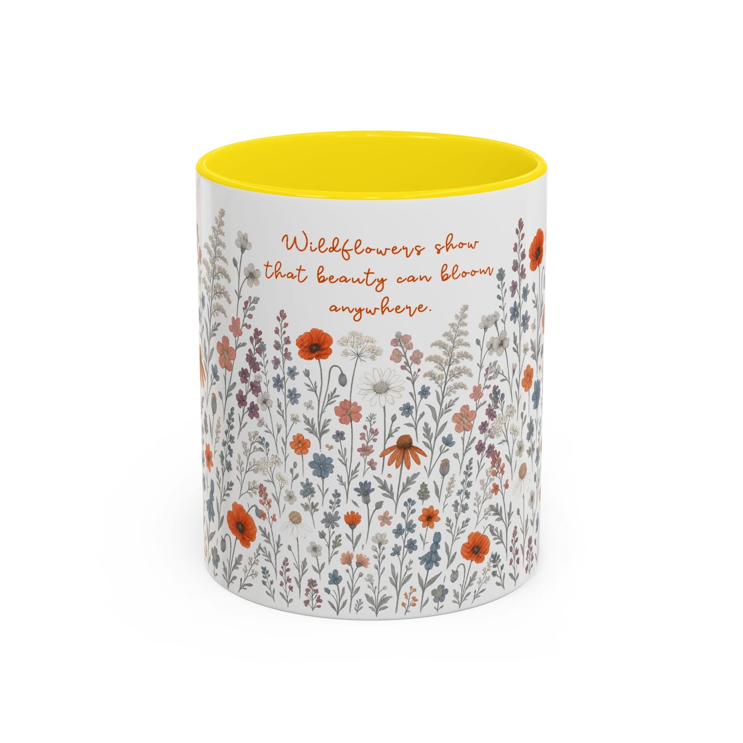 Floral Meadow Accent Coffee Mug — "Wildflowers show beauty can bloom anywhere" (Pink Interior)