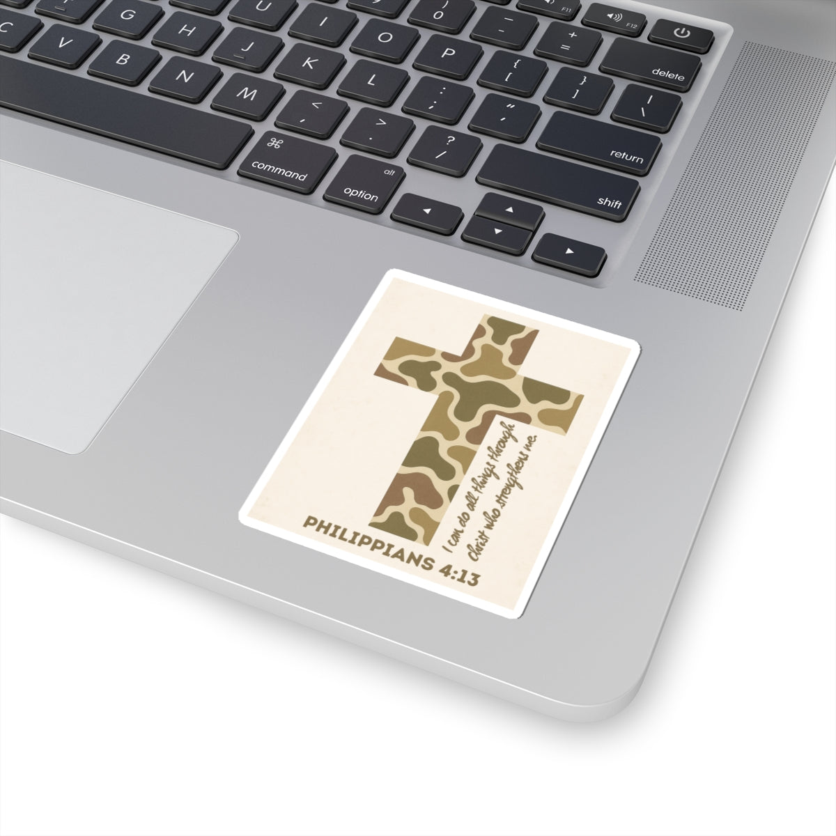 Philippians 4:13 Camo Cross Sticker — 'I can do all things...' Christian Vinyl Sticker