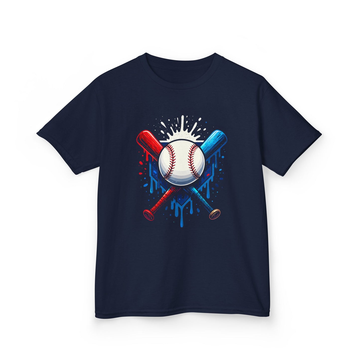 Baseball Crossed Bats Tee | Kids Sports Shirt, Red Blue Drip, Patriotic American Flag Colors