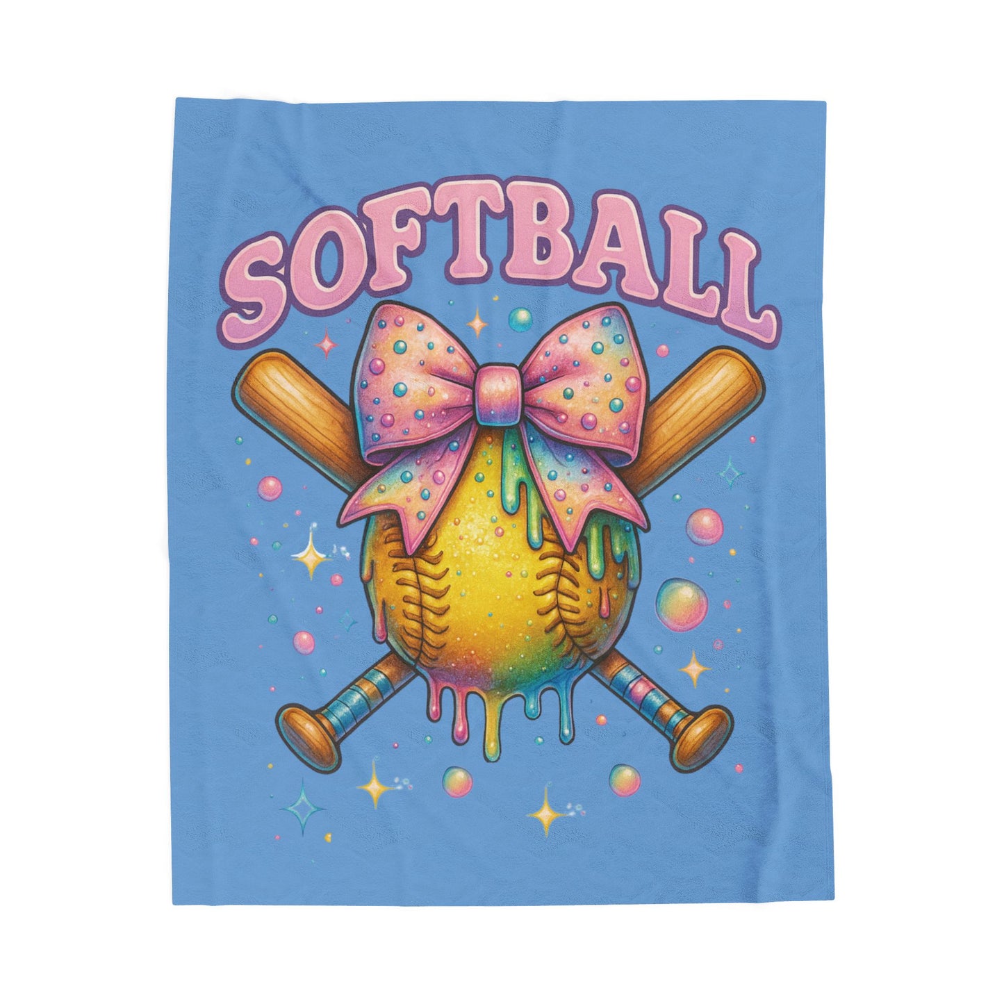Softball Velveteen Plush Blanket — Cute Drippy Softball with Bow Throw