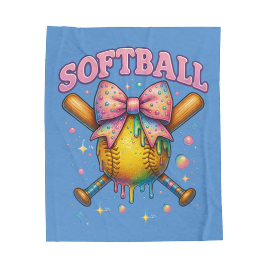 Softball Velveteen Plush Blanket — Cute Drippy Softball with Bow Throw
