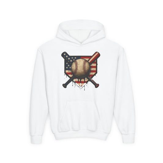 American Flag Baseball Drip with Bats Hoodie | Youth Sports Patriotic Pullover