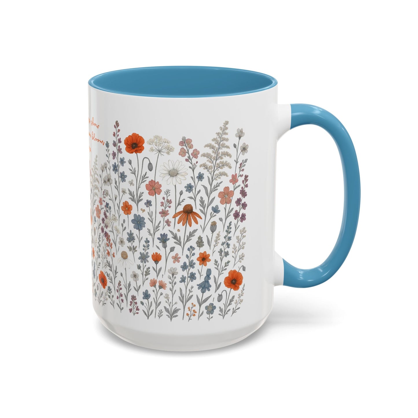 Floral Meadow Accent Coffee Mug — "Wildflowers show beauty can bloom anywhere" (Pink Interior)