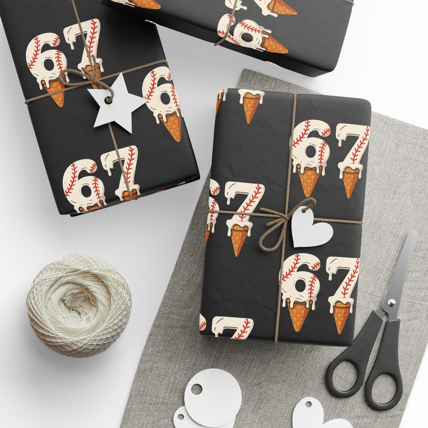 Festive Red/Black Wrapping Paper Roll — Ice Cream Cone '67' Pattern for Birthdays & Holiday Gifts