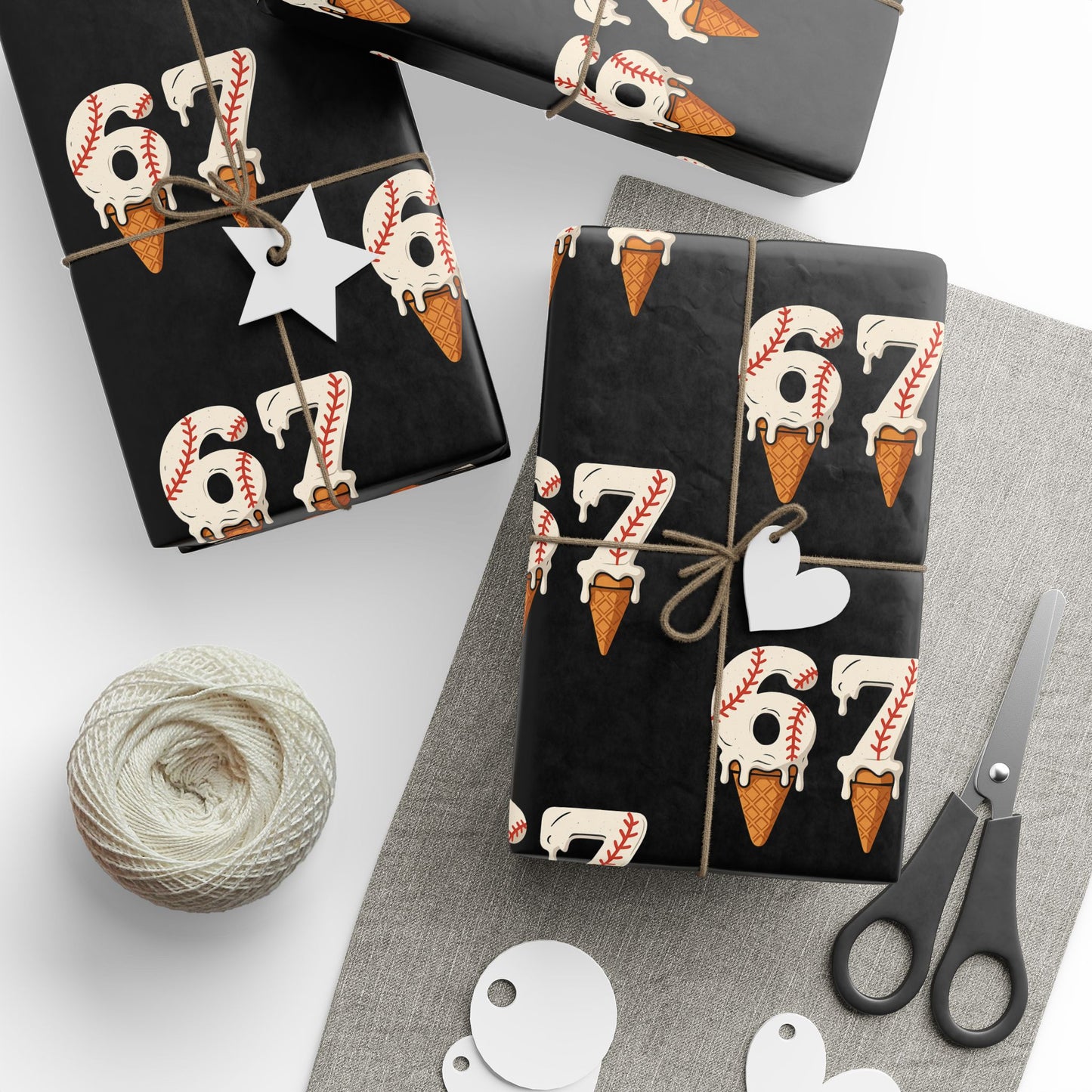 Festive Red/Black Wrapping Paper Roll — Ice Cream Cone '67' Pattern for Birthdays & Holiday Gifts
