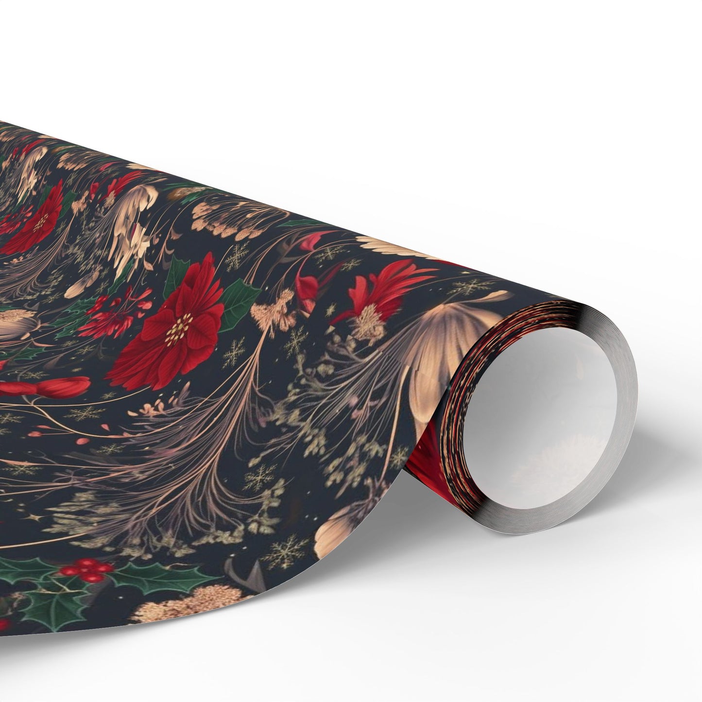 Holiday Poinsettia Wrapping Paper Roll — Dark Floral Christmas Gift Wrap