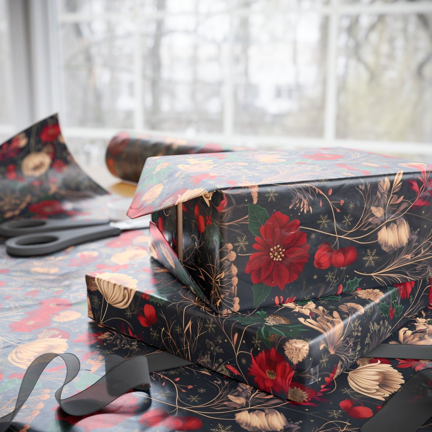 Holiday Poinsettia Wrapping Paper Roll — Dark Floral Christmas Gift Wrap