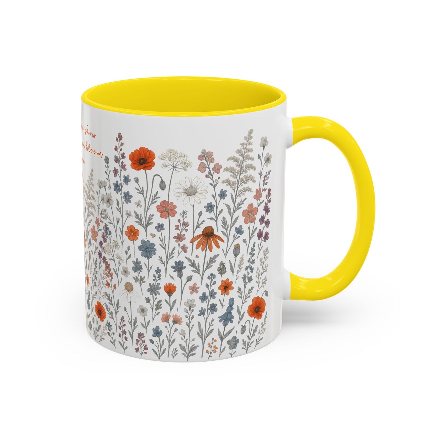 Floral Meadow Accent Coffee Mug — "Wildflowers show beauty can bloom anywhere" (Pink Interior)