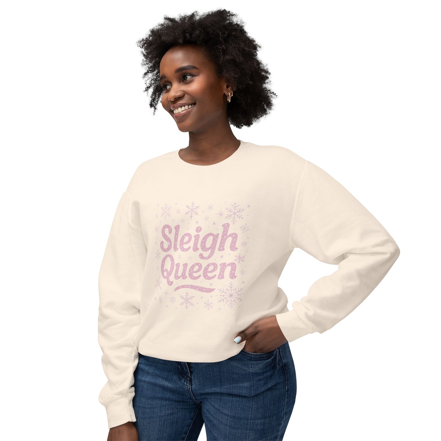 Sleigh Queen Sweatshirt | Pink Script Snowflake Holiday Crewneck